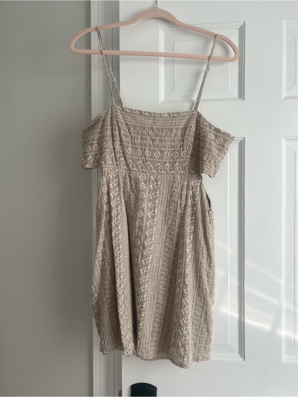 Altar'd State Beige Embroidered Off-Shoulder Mini Dress